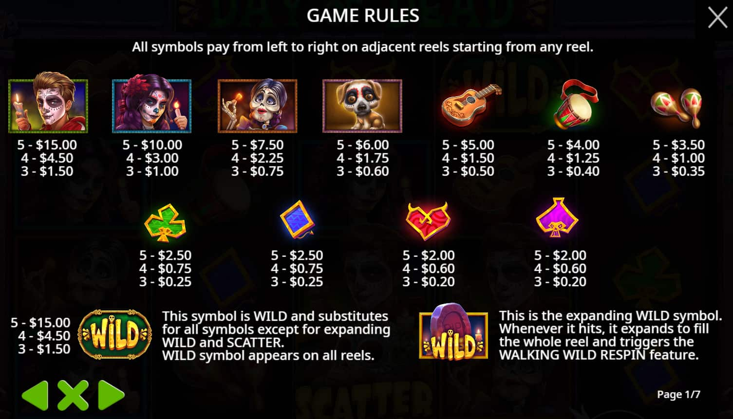 Symbols and paytable of the Day of Dead slot game