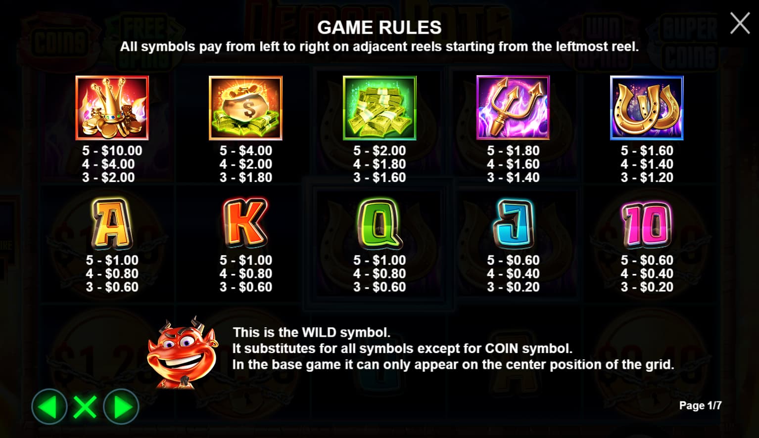 Symbols and paytable of the Demon Pots slot game