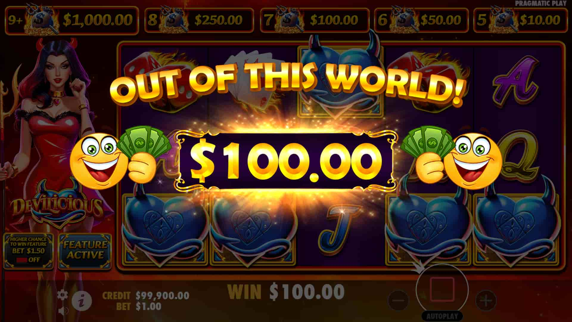 100x Big Win Screen - Devilicious slot game