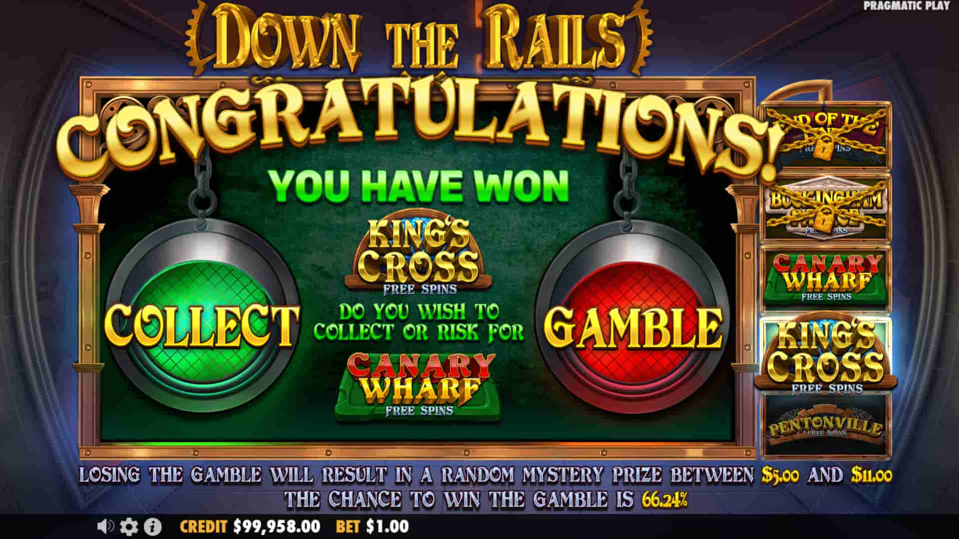 Bonus Game Gamble Screen - Down the Rails slot game