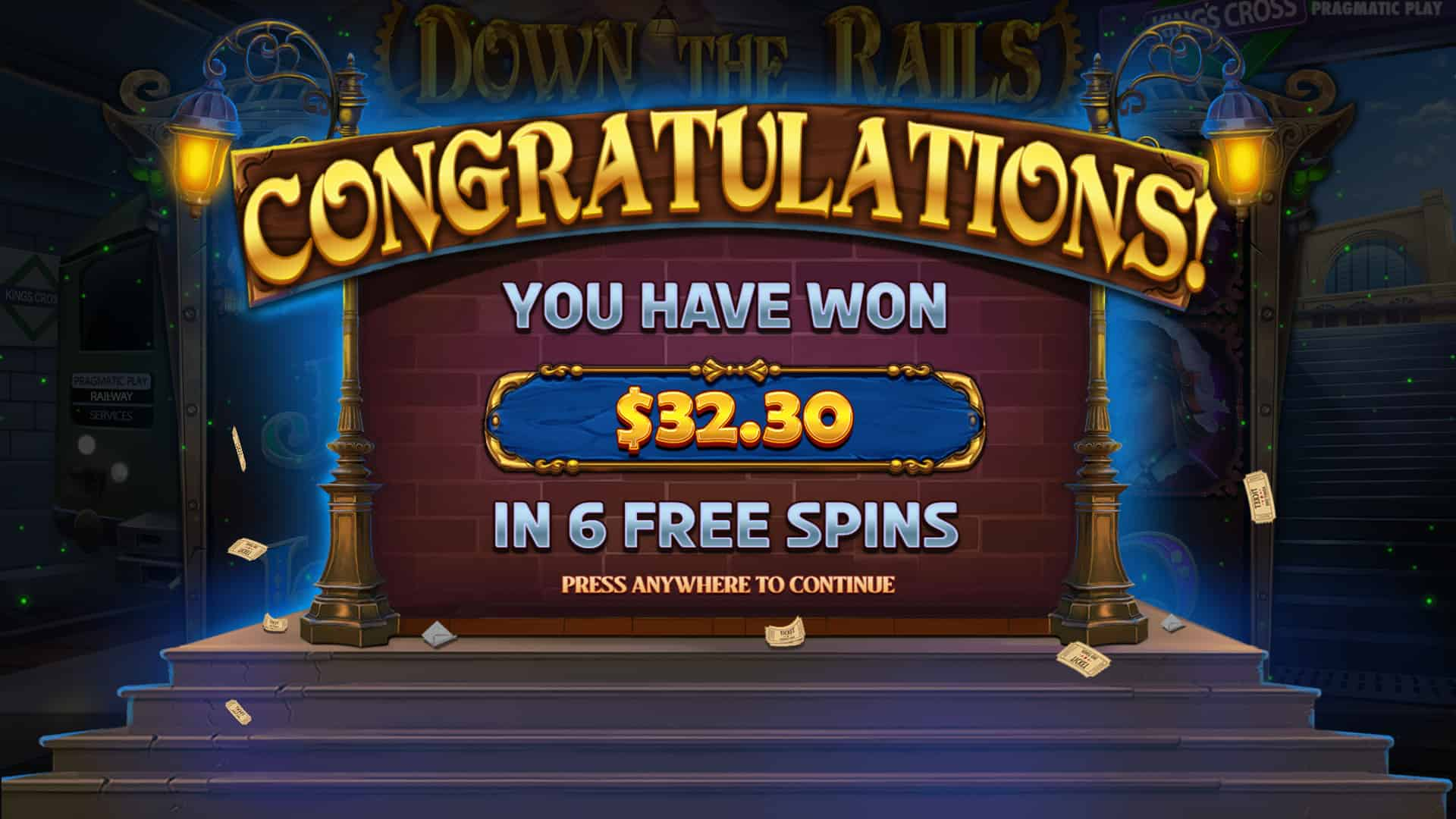 Bonus Game Win Screen - Down the Rails slot game