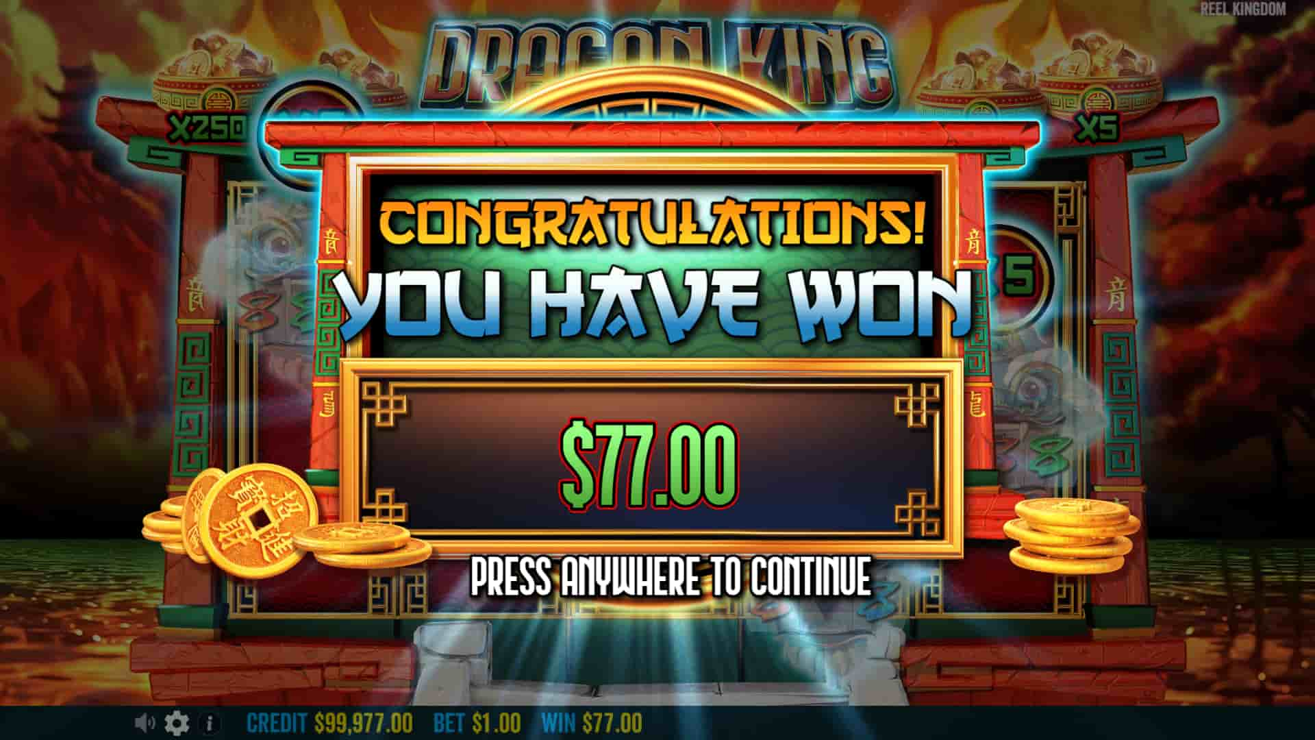 Bonus Game's Win Screen - Dragon King Hot Pots slot game