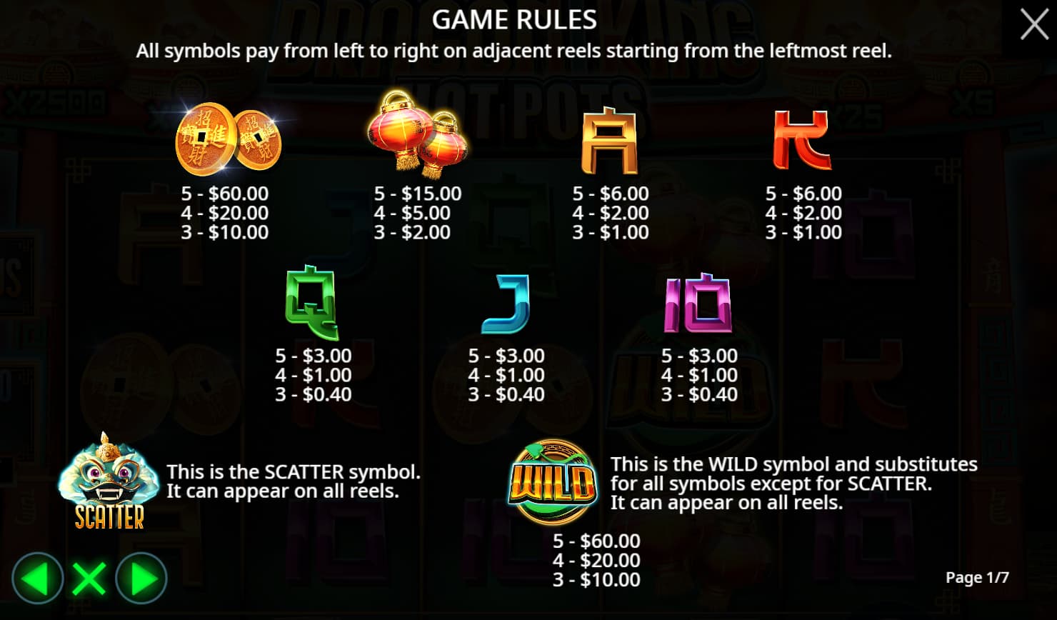 Symbols and paytable of the Dragon King Hot Pots slot game