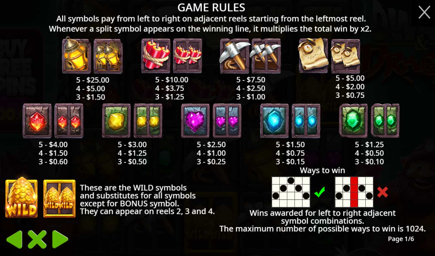 Symbols and paytable of the Dwarf & Dragon slot game