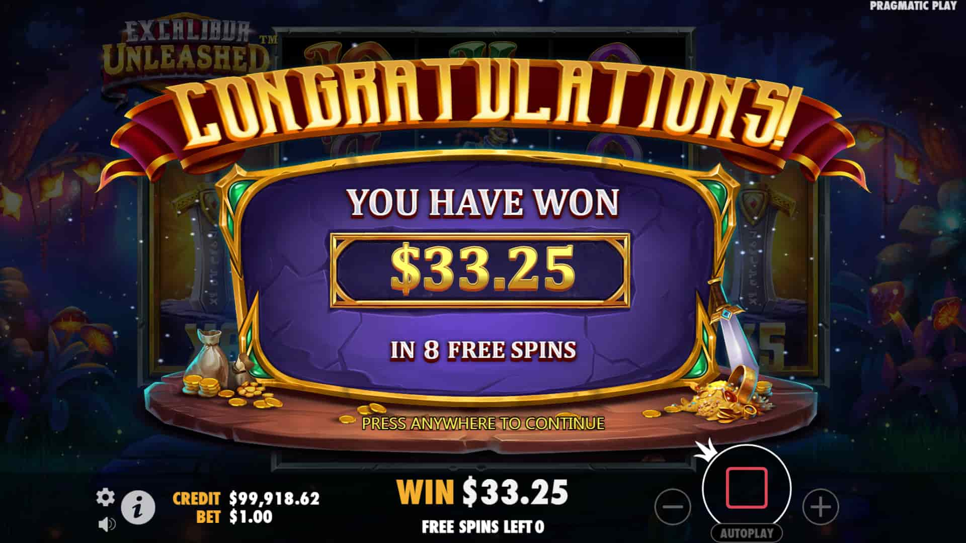 Bonus Game Win Screen - Excalibur Unleashed slot game