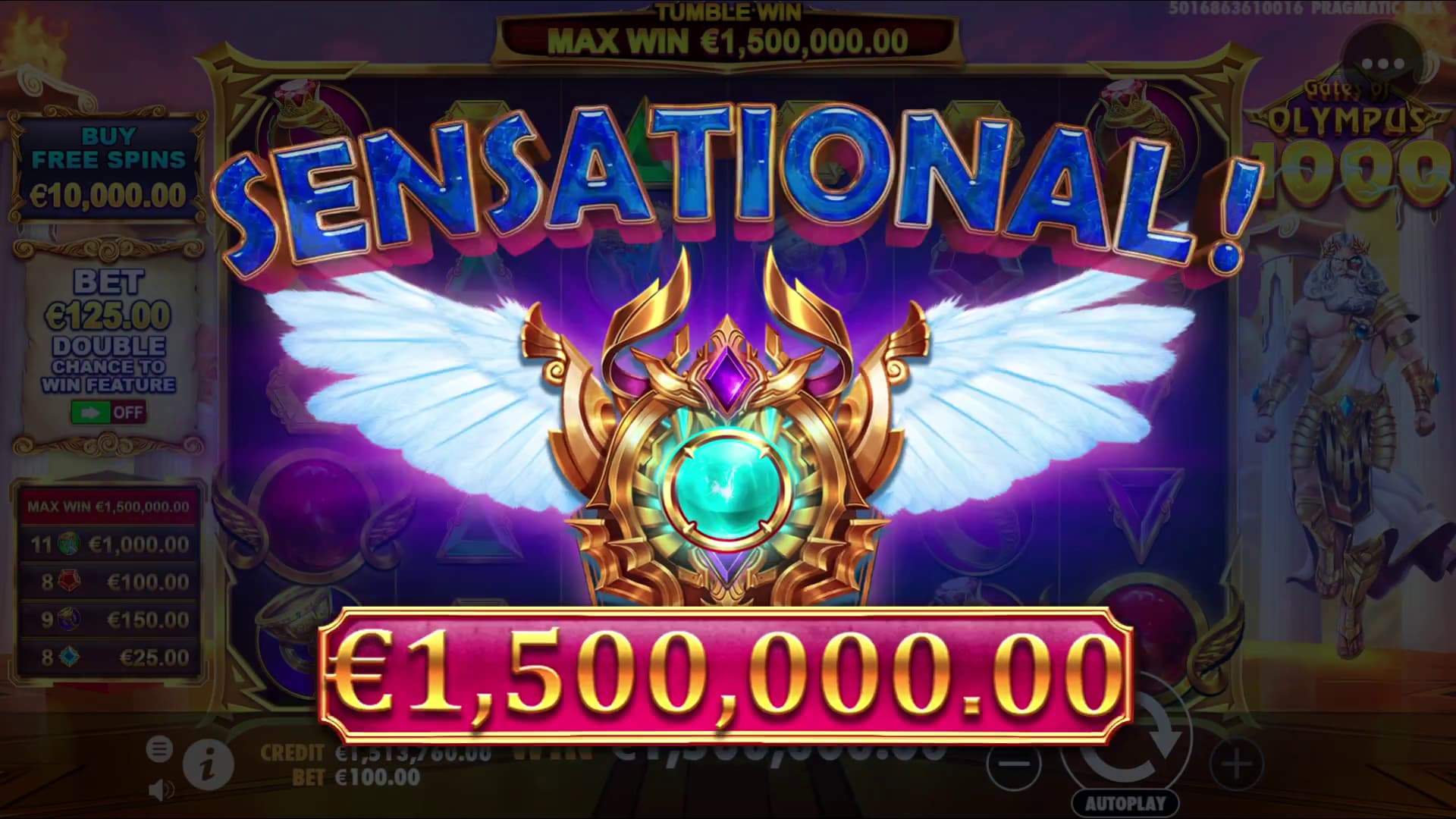 Sensational Win Screen - Gates of Olympus 1000 slot game