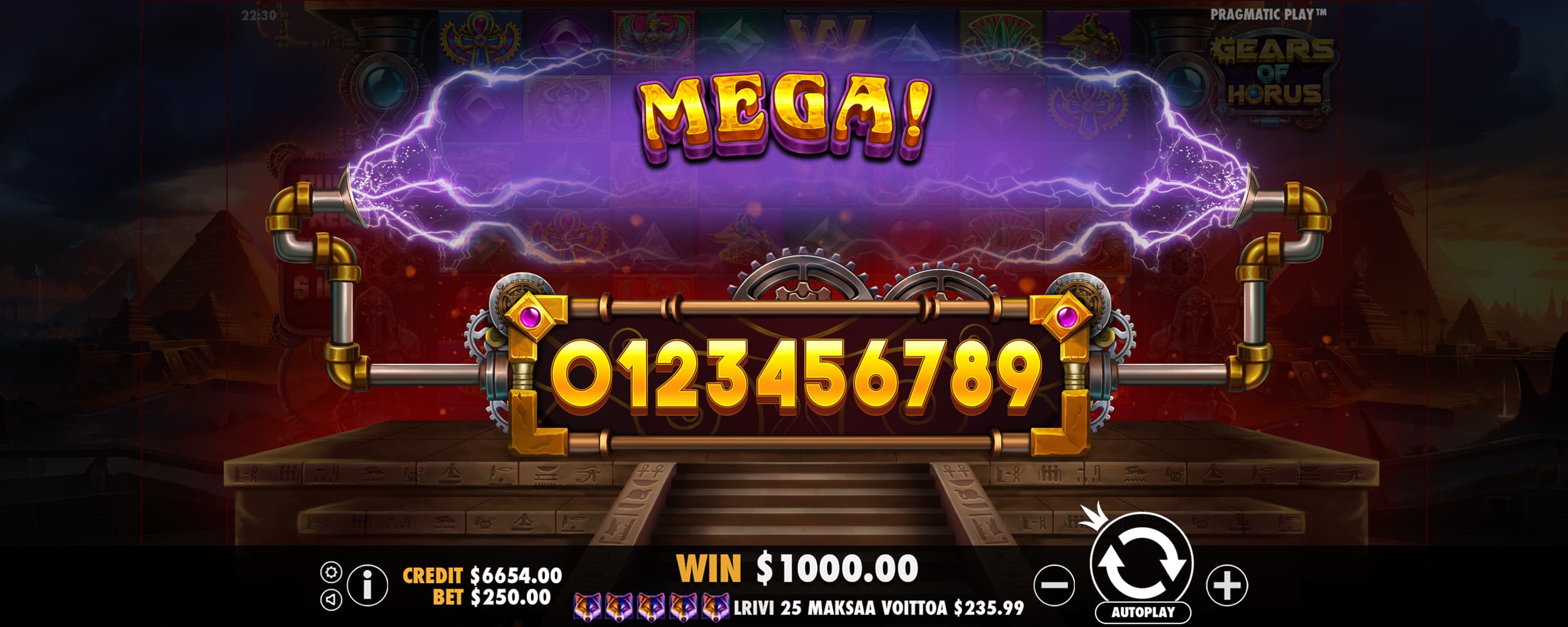 Mega Win Screen - Gears of Horus slot game