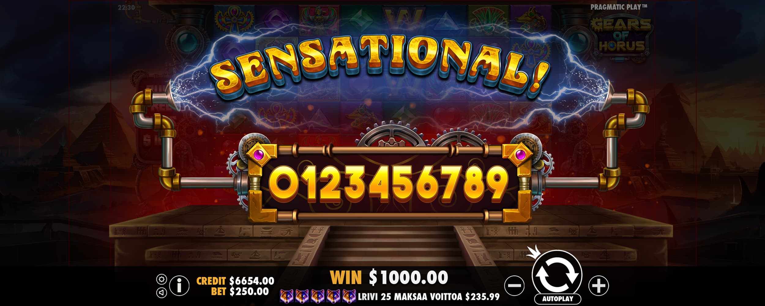 Sensational Win Screen - Gears of Horus slot game