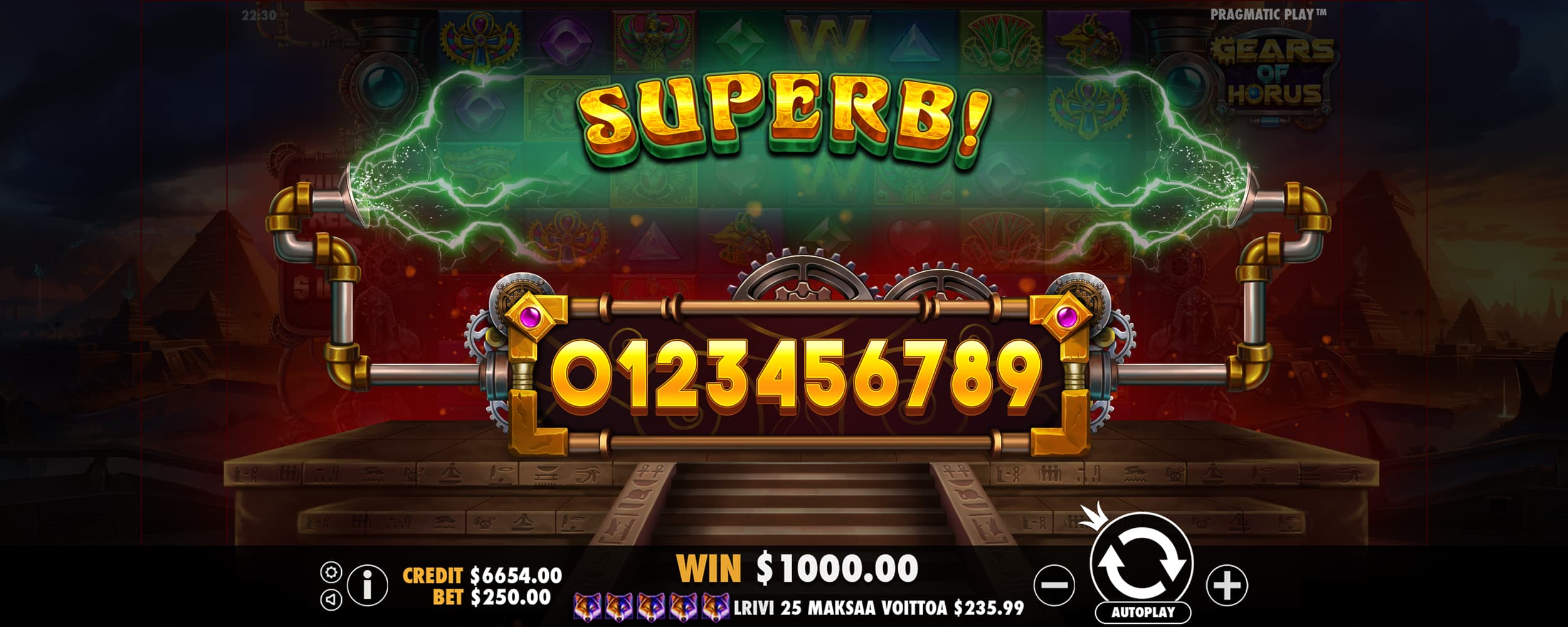 Superb Win Screen - Gears of Horus slot game