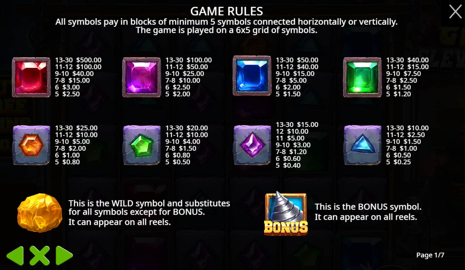 Symbols and paytable of the Gem Elevator slot game