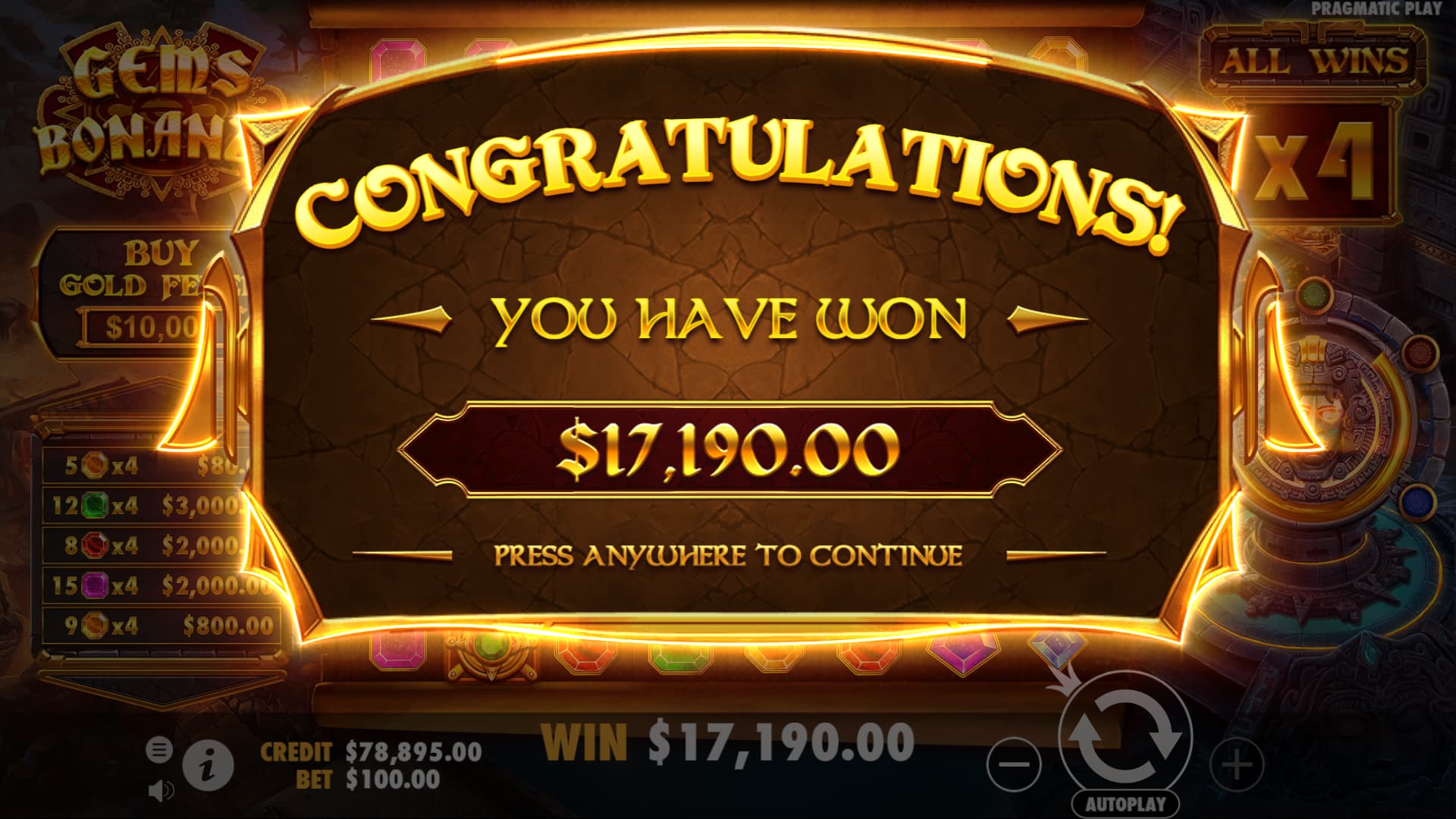 The Bonus Game's Congratulations screen - Gems Bonanza slot game