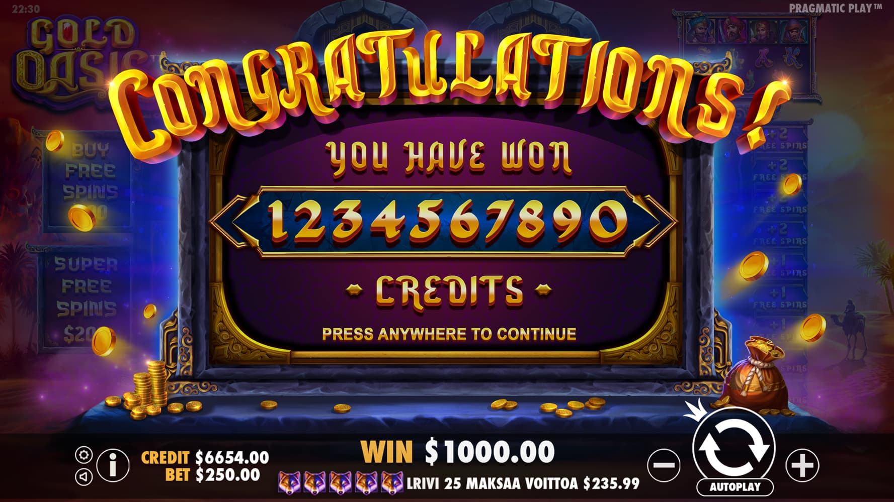 The Congratulations Screen - Gold Oasis slot game