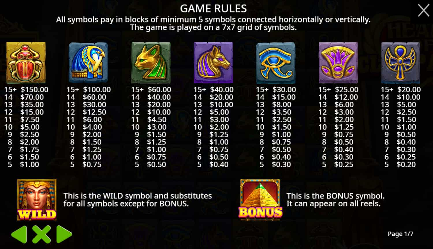 Symbols and paytable of the Heart of Cleopatra slot game