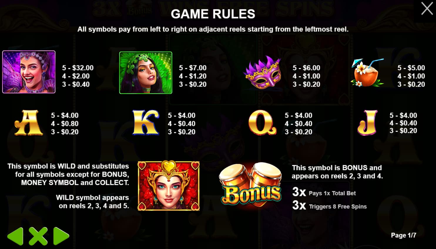 Symbols and paytable of the Heart of Rio slot game