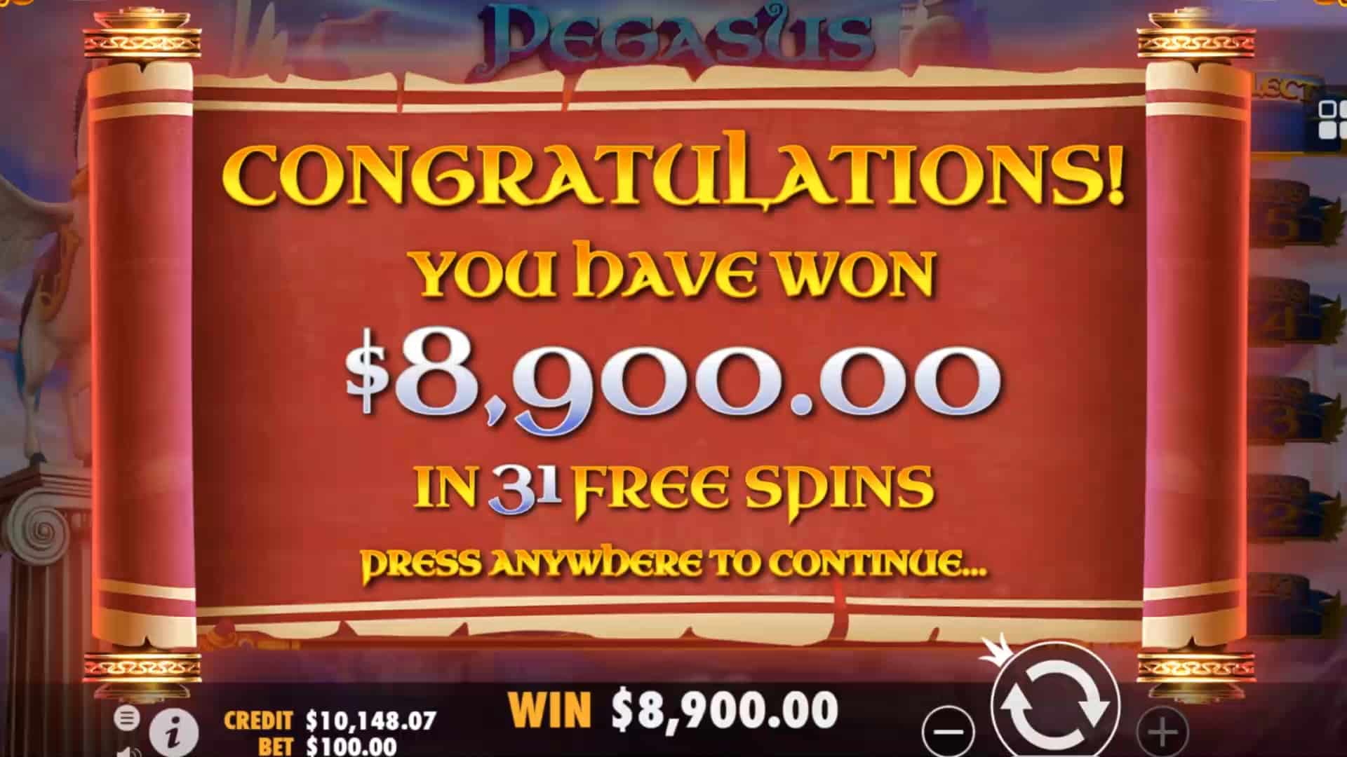 Bonus Game's End Win Screen - Hercules and Pegasus slot game