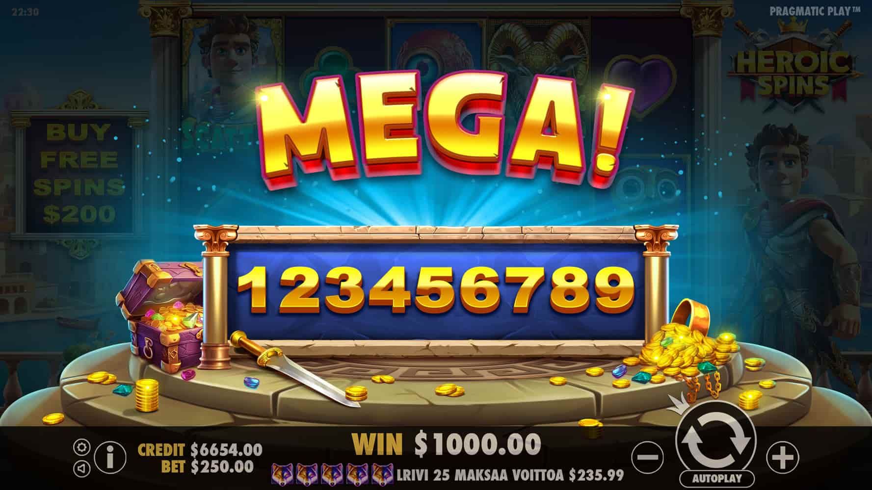 Mega Win Screen - Heroic Spins slot game