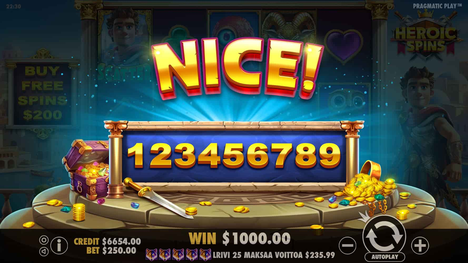 Nice Win Screen - Heroic Spins slot game