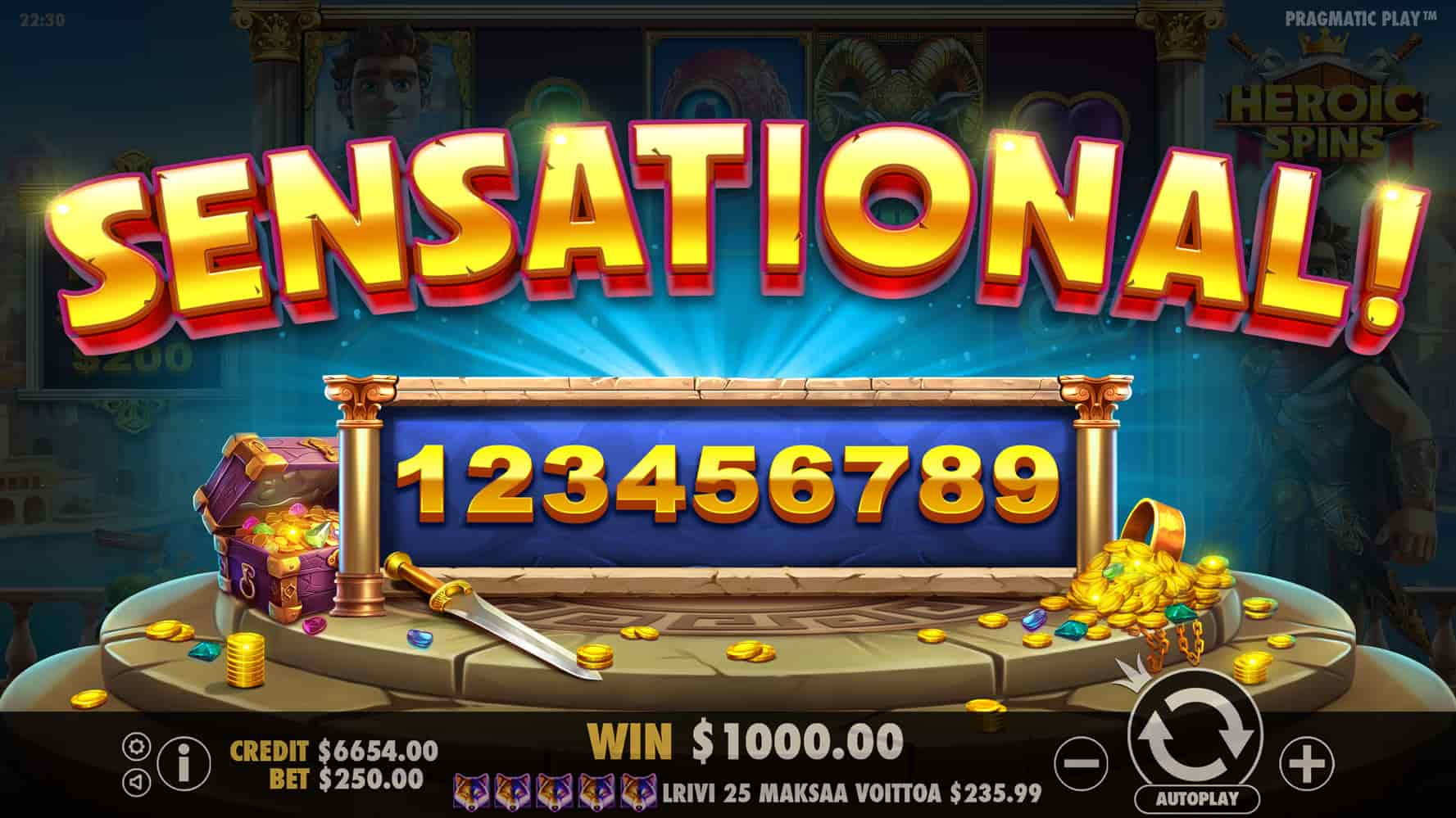 Sensational Win Screen - Heroic Spins slot game