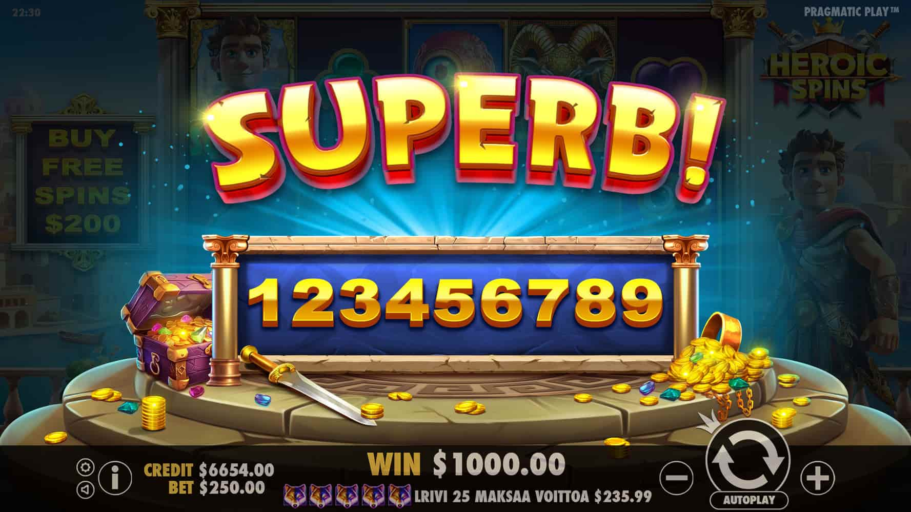 Superb Win Screen - Heroic Spins slot game