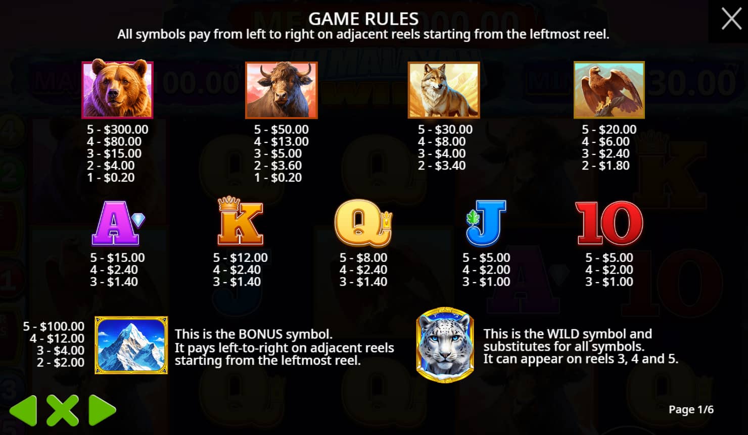 Symbols and paytable of the Himalayan Wild slot game