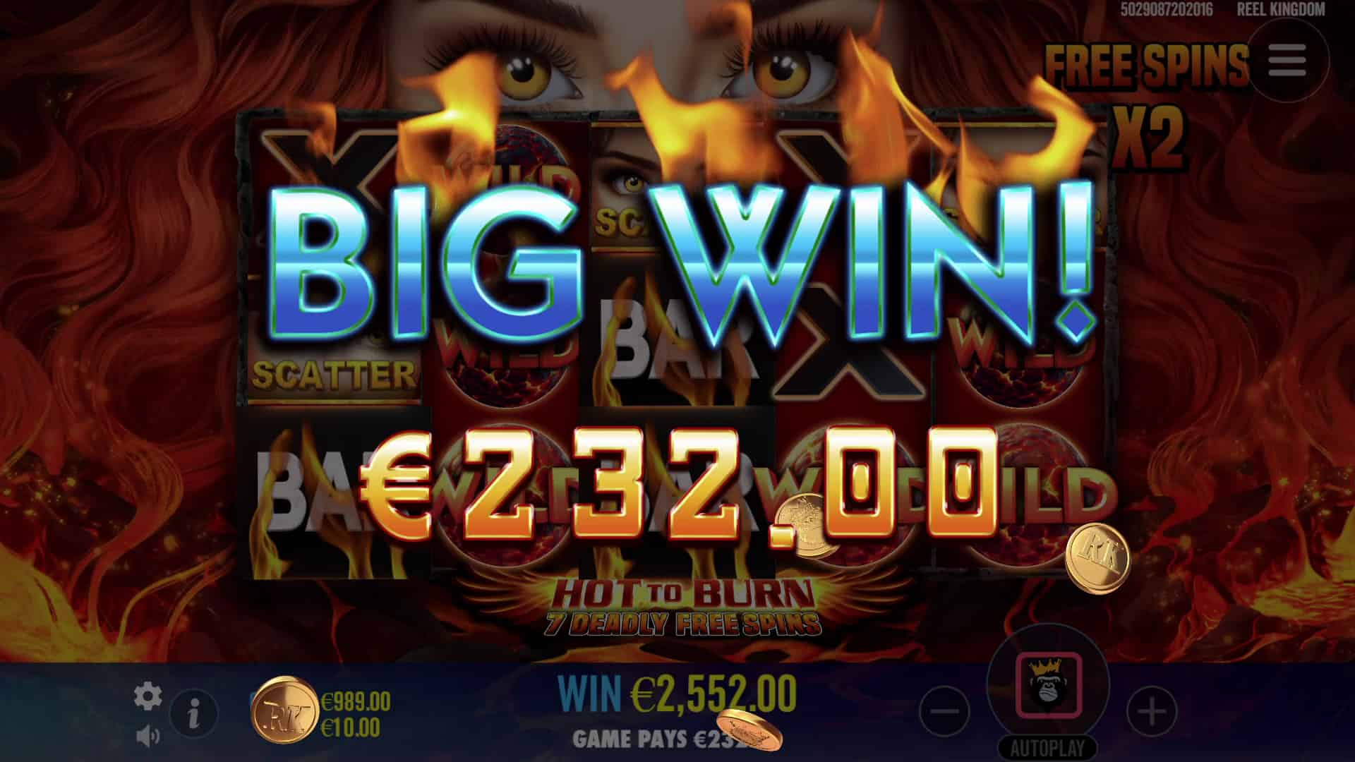 Big Win Screen - Hot to Burn – 7 Deadly Free Spins slot game