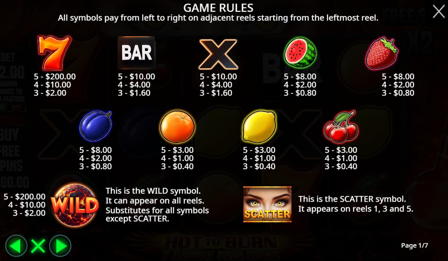 Symbols and paytable of the Hot to Burn – 7 Deadly Free Spins slot game