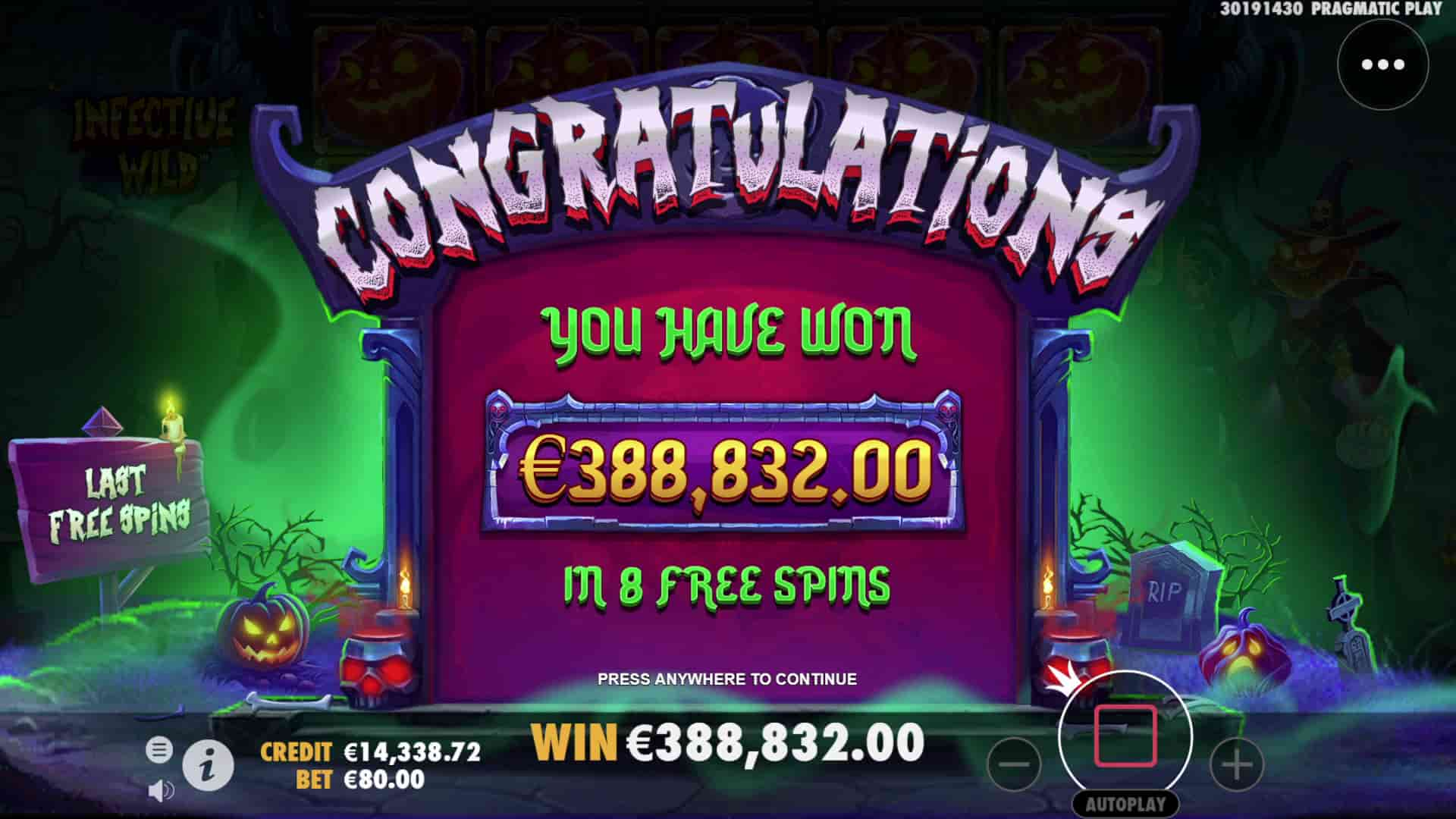 Congratulation screen for a big win in the Infective Wild slot game