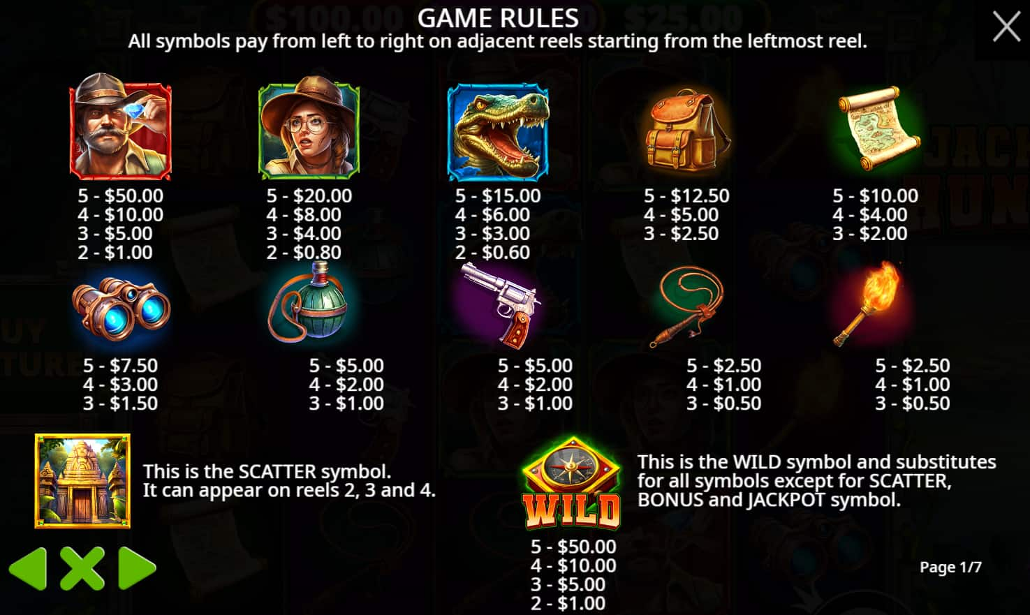 Symbols and paytable of the Jackpot Hunter slot game