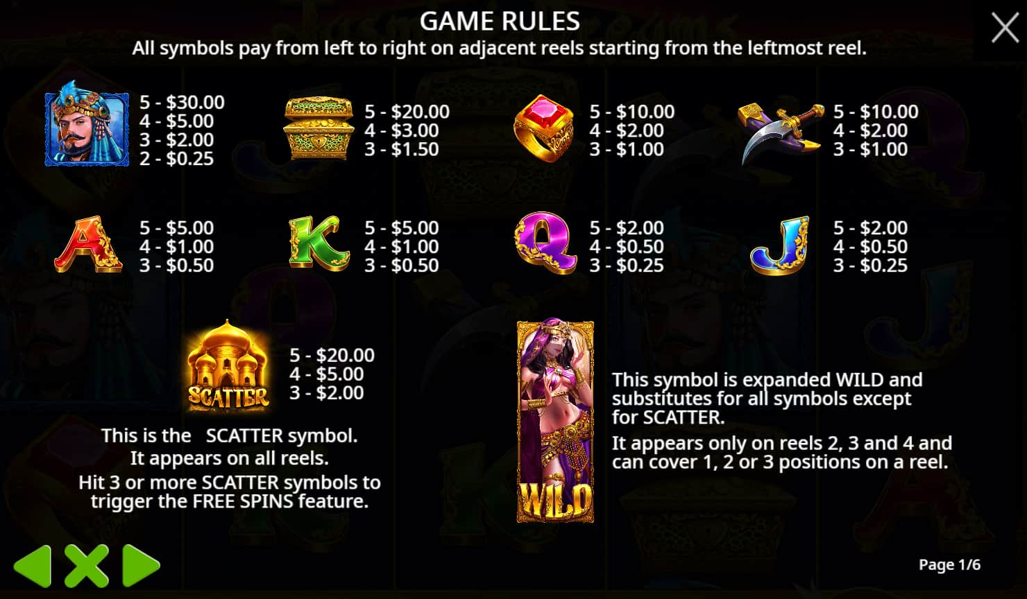 Symbols and paytable of the Jasmine Dreams slot game