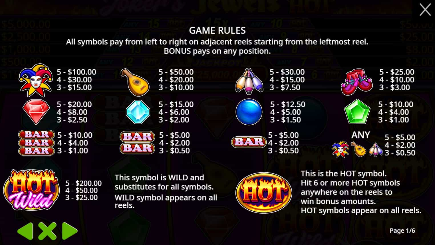 Symbols and paytable of the Joker’s Jewels Hot slot game