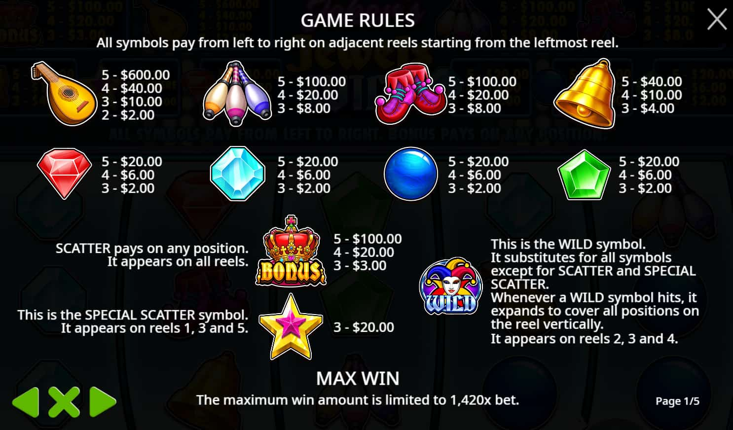 Symbols and paytable of the Joker's Jewels Wild slot game