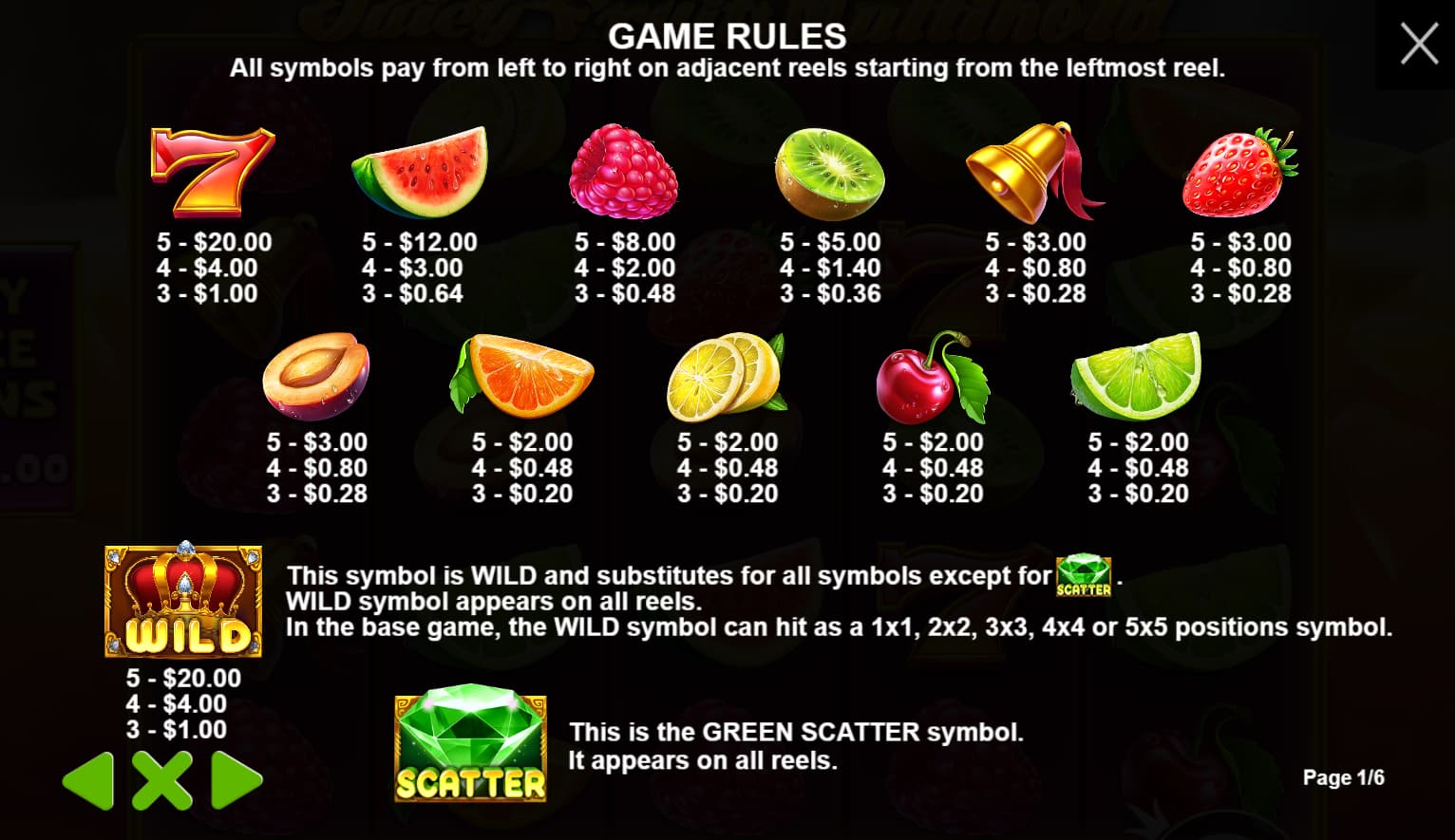 Symbols and paytable of the Juicy Fruits Multihold slot game