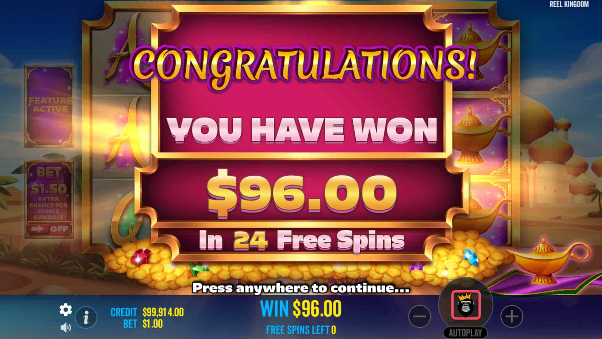 Bonus Game Win Screen - Lamp Of Infinity slot game