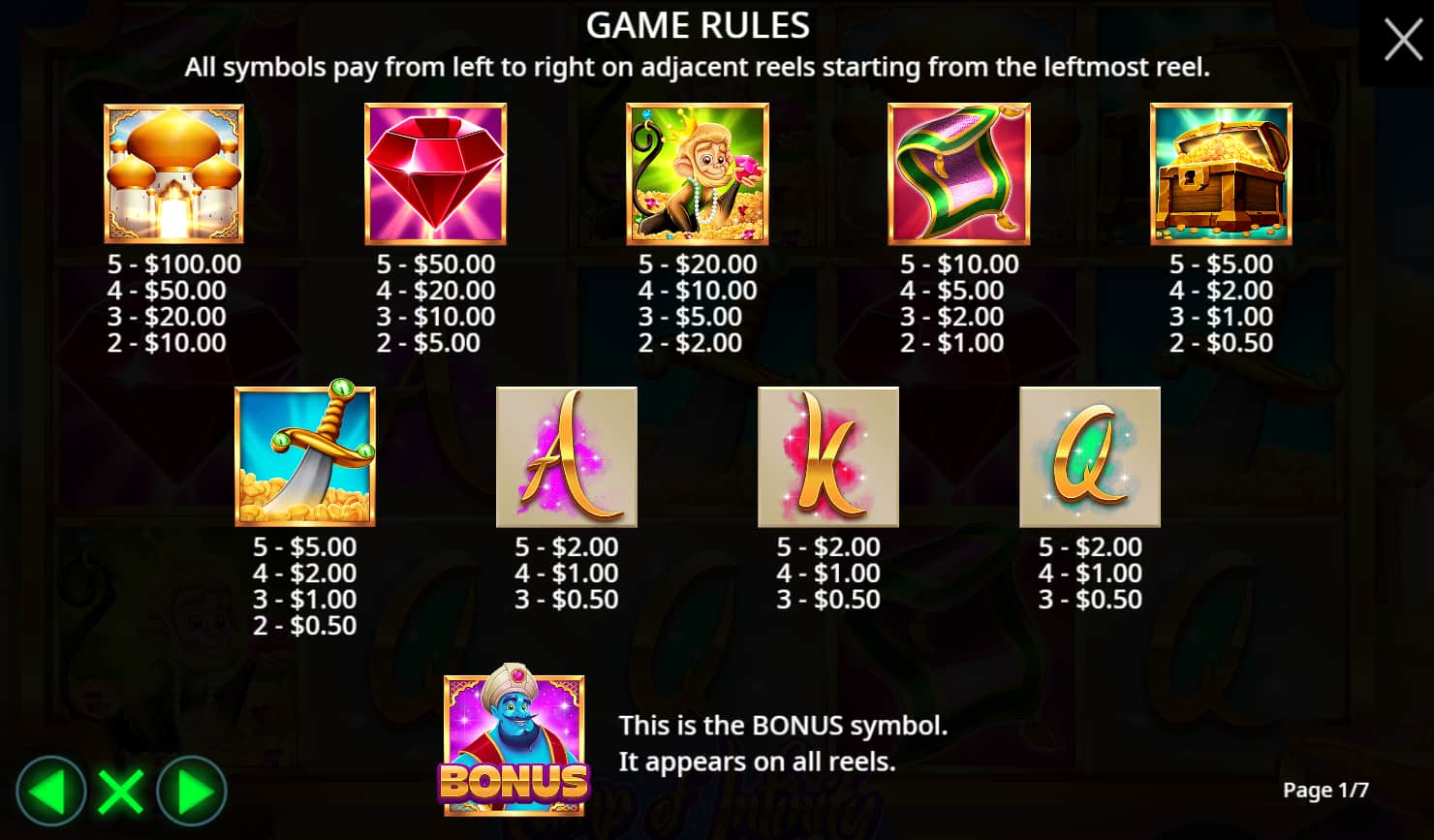 Symbols and paytable of the Lamp Of Infinity slot game