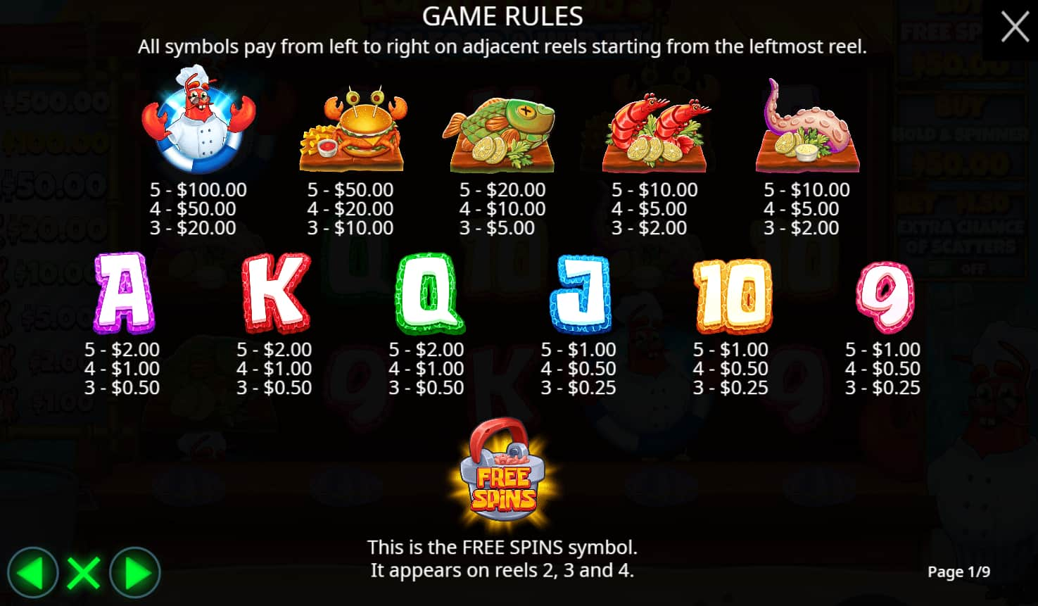 Symbols and paytable of the Lobster Bob’s Seafood & Win It slot game