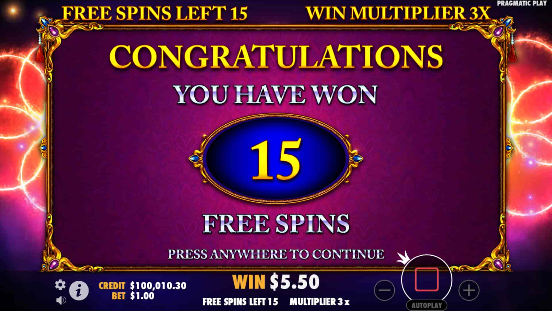 Free Spins Win Screen - Madame Destiny slot game