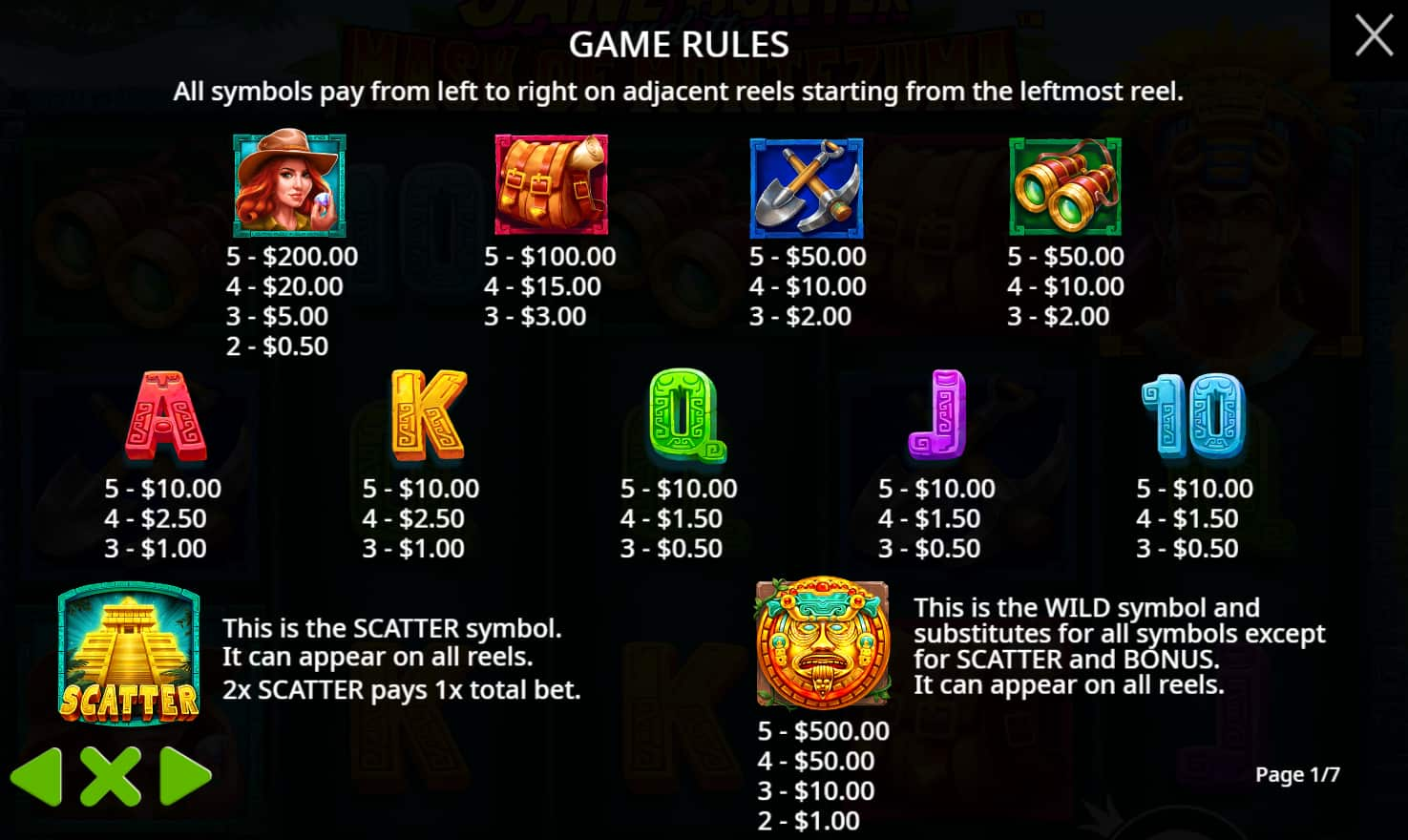 Symbols and paytable of the Jane Hunter and the Mask of Montezuma slot game