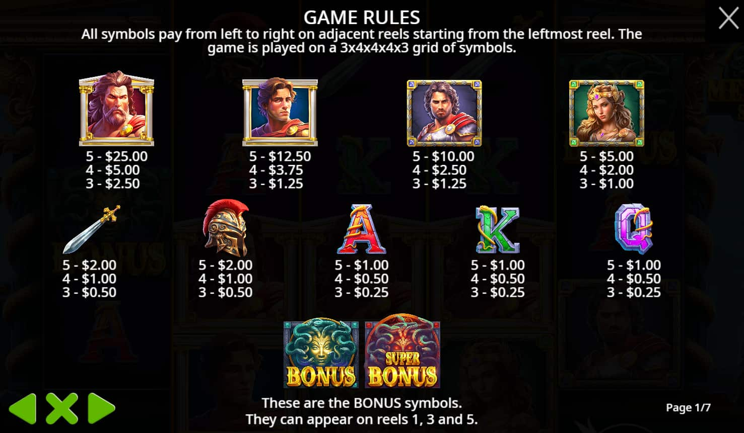 Symbols and paytable of the Medusa's Stone slot game