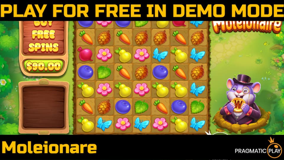 Moleionaire slot game by Pragmatic Play. Play for free in demo mode.