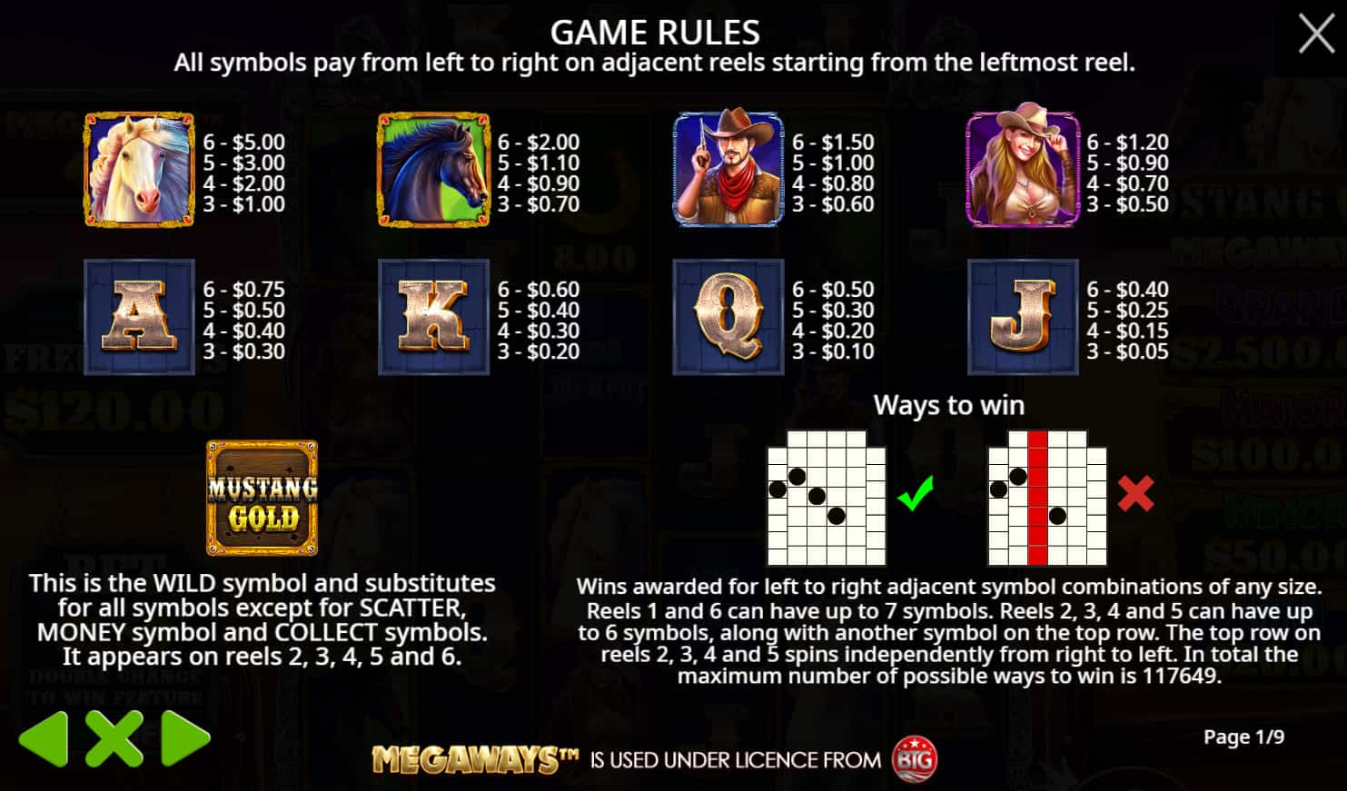 Symbols and paytable of the Mustang Gold Megaways slot game