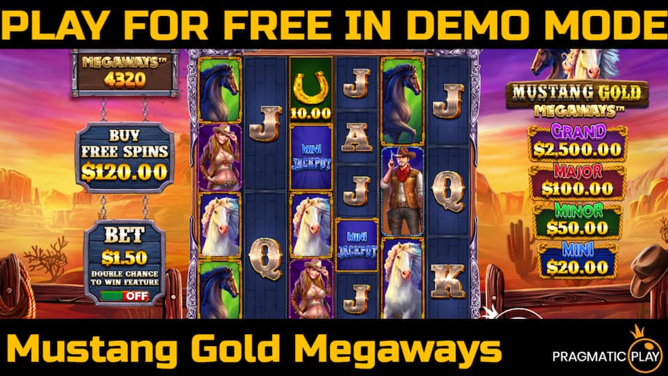 Mustang Gold Megaways slot game by Pragmatic Play. Play for free in demo mode.