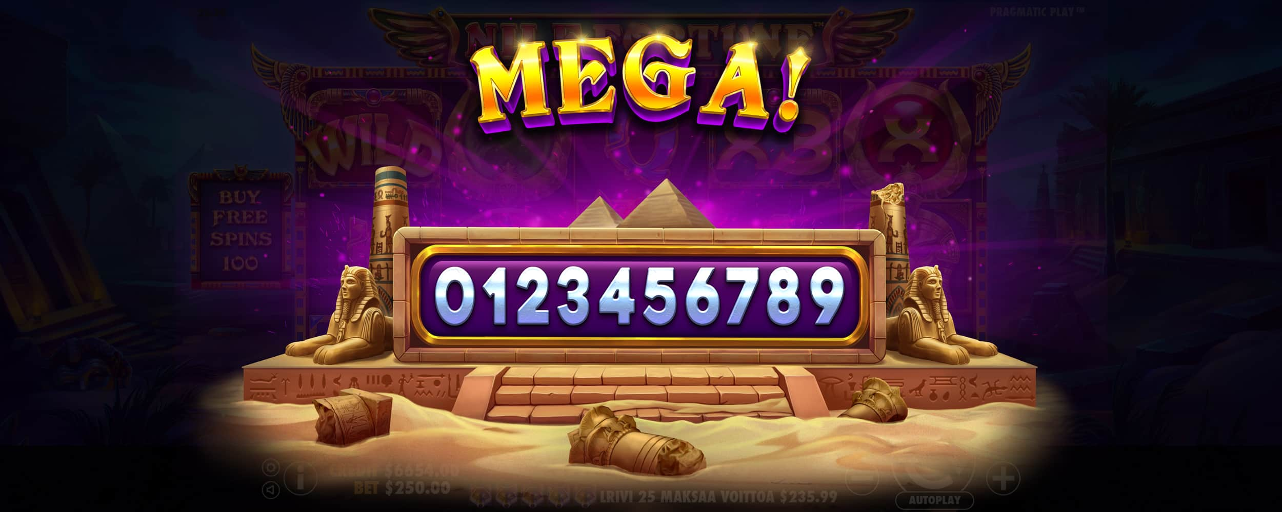 Mega Win Screen - in the Fortune Nile slot game.