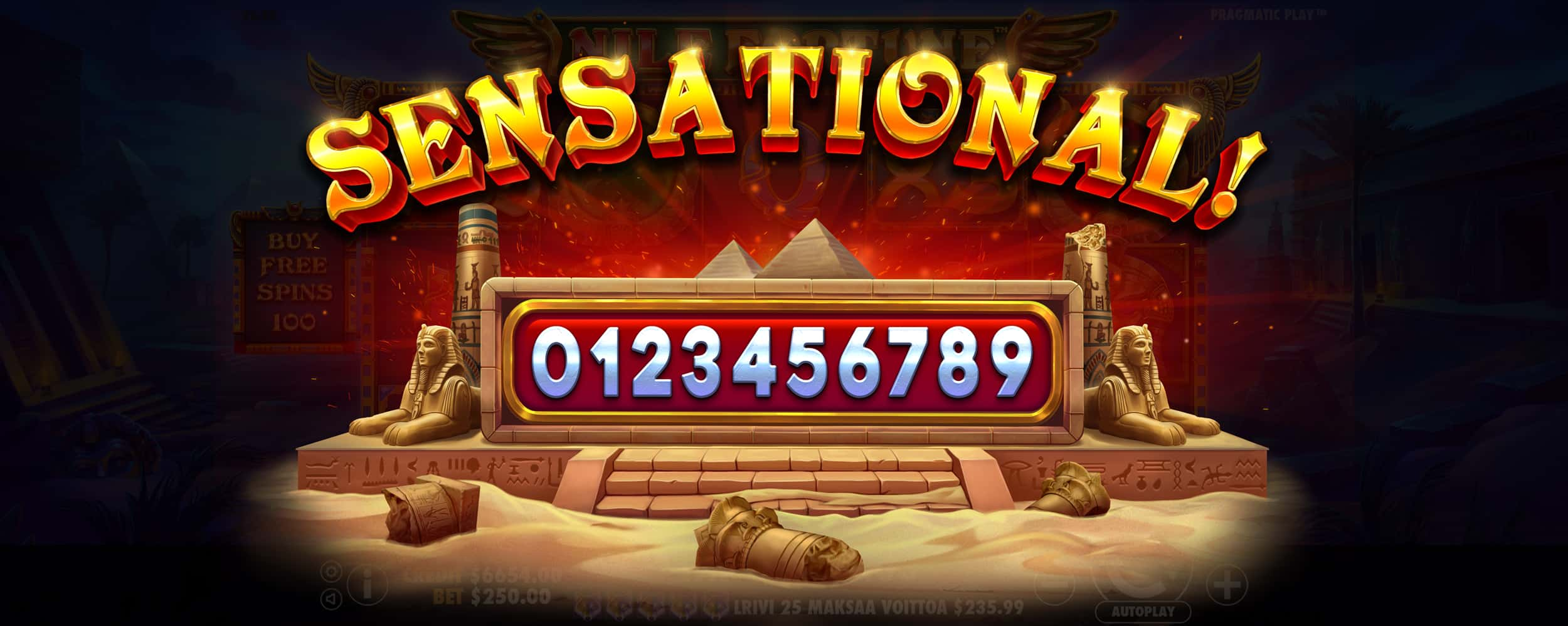 Sensational Win Screen - in the Fortune Nile slot game.