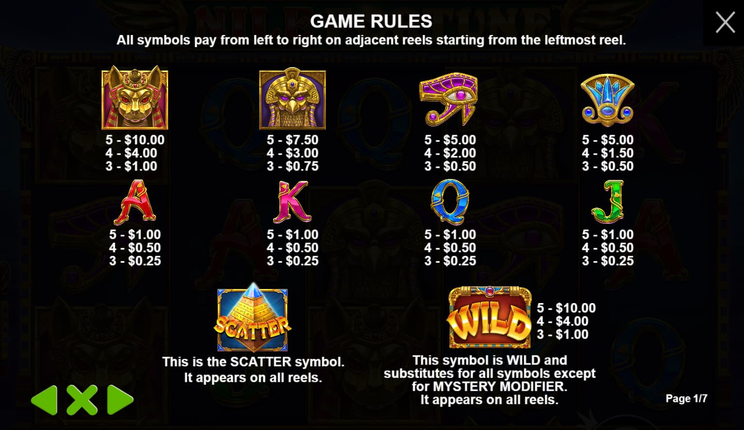 Symbols and paytable of the Fortune Nile slot game