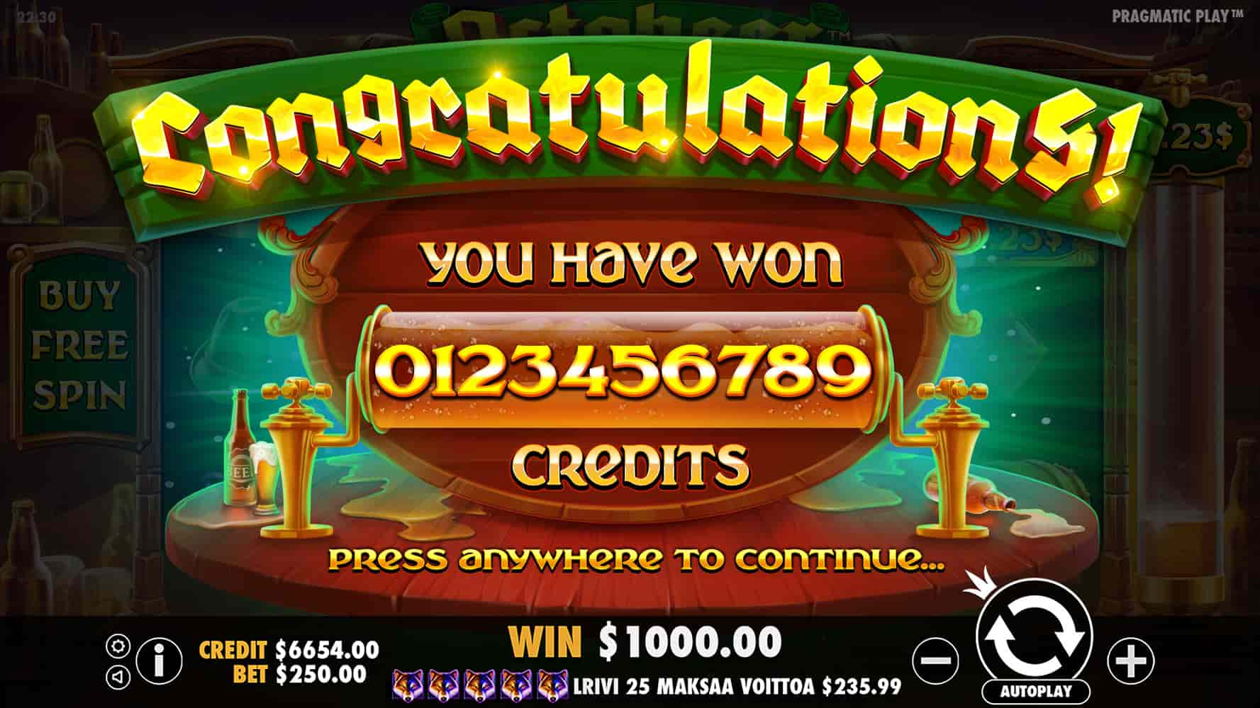 Bonus Game End Screen - Octobeer Fortunes slot game