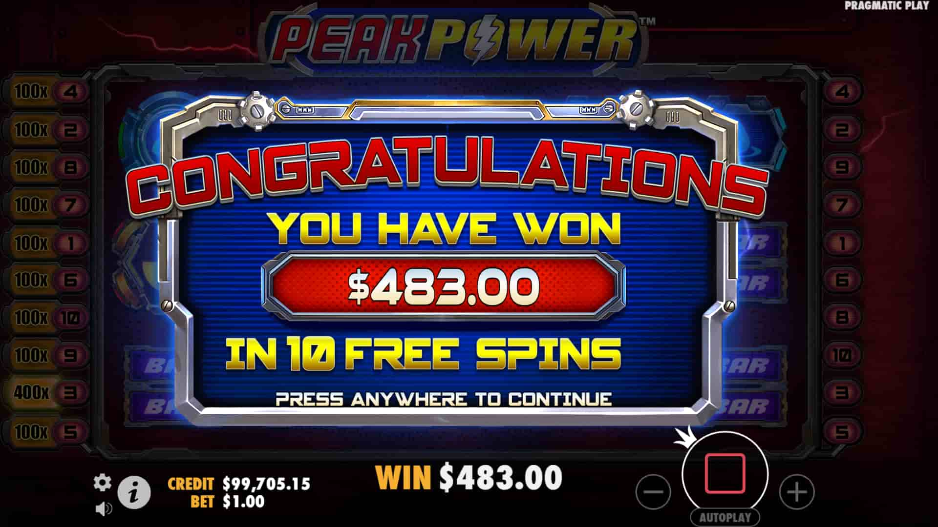 Over 450X Bonus Game Win - Peak Power slot game