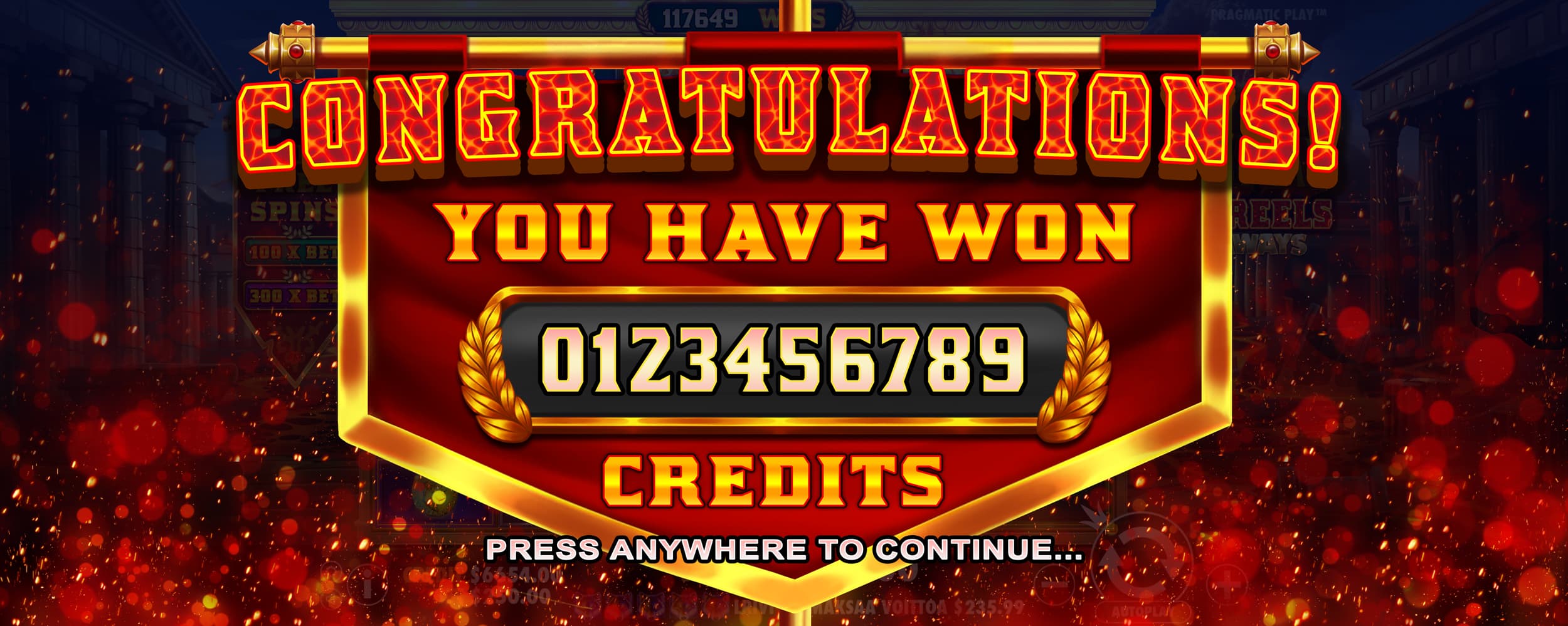 Congratulations Win Screen - Pompeii Megareels Megaways slot game