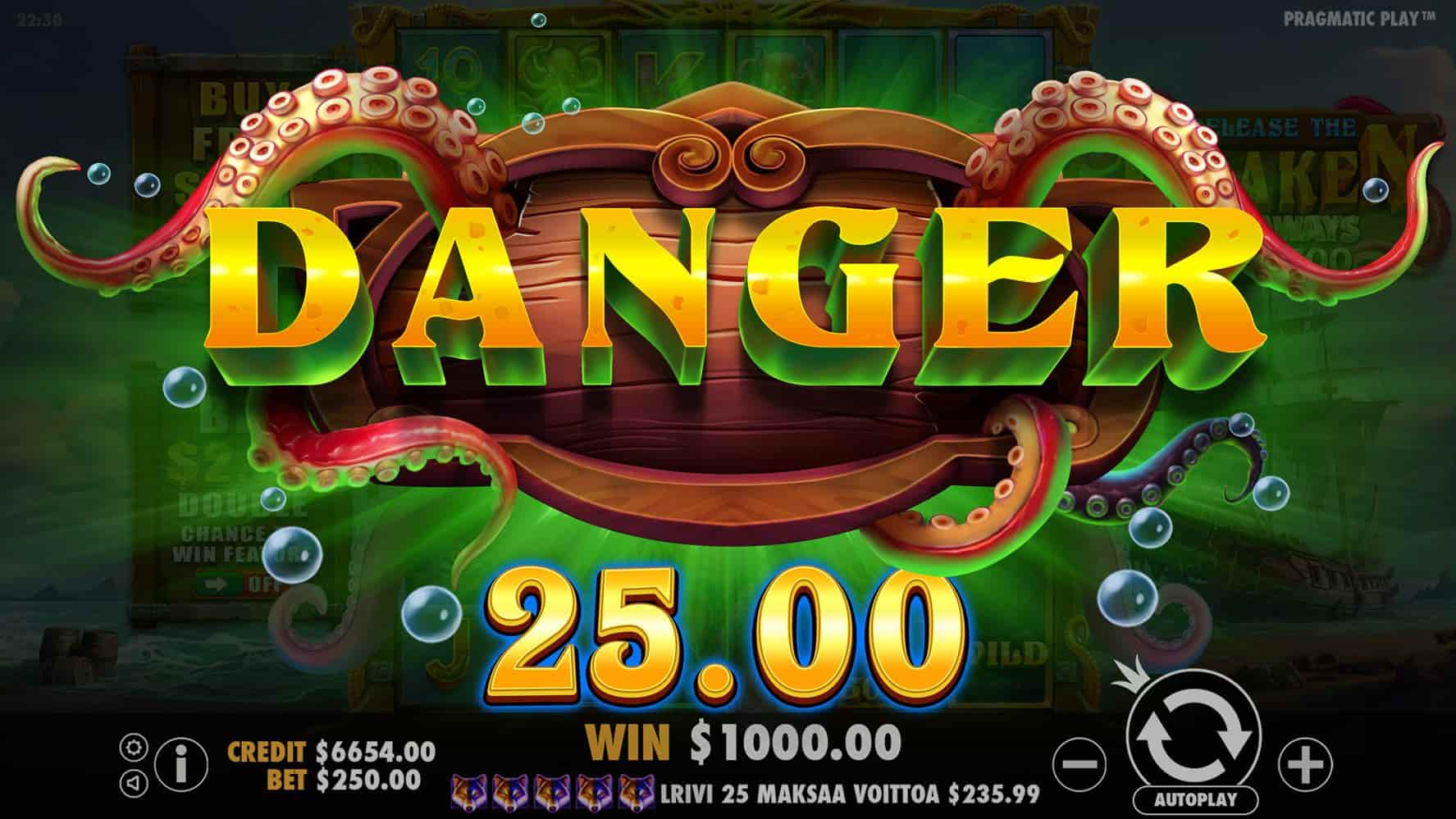 Danger Win Screen - Release the Kraken Megaways slot game