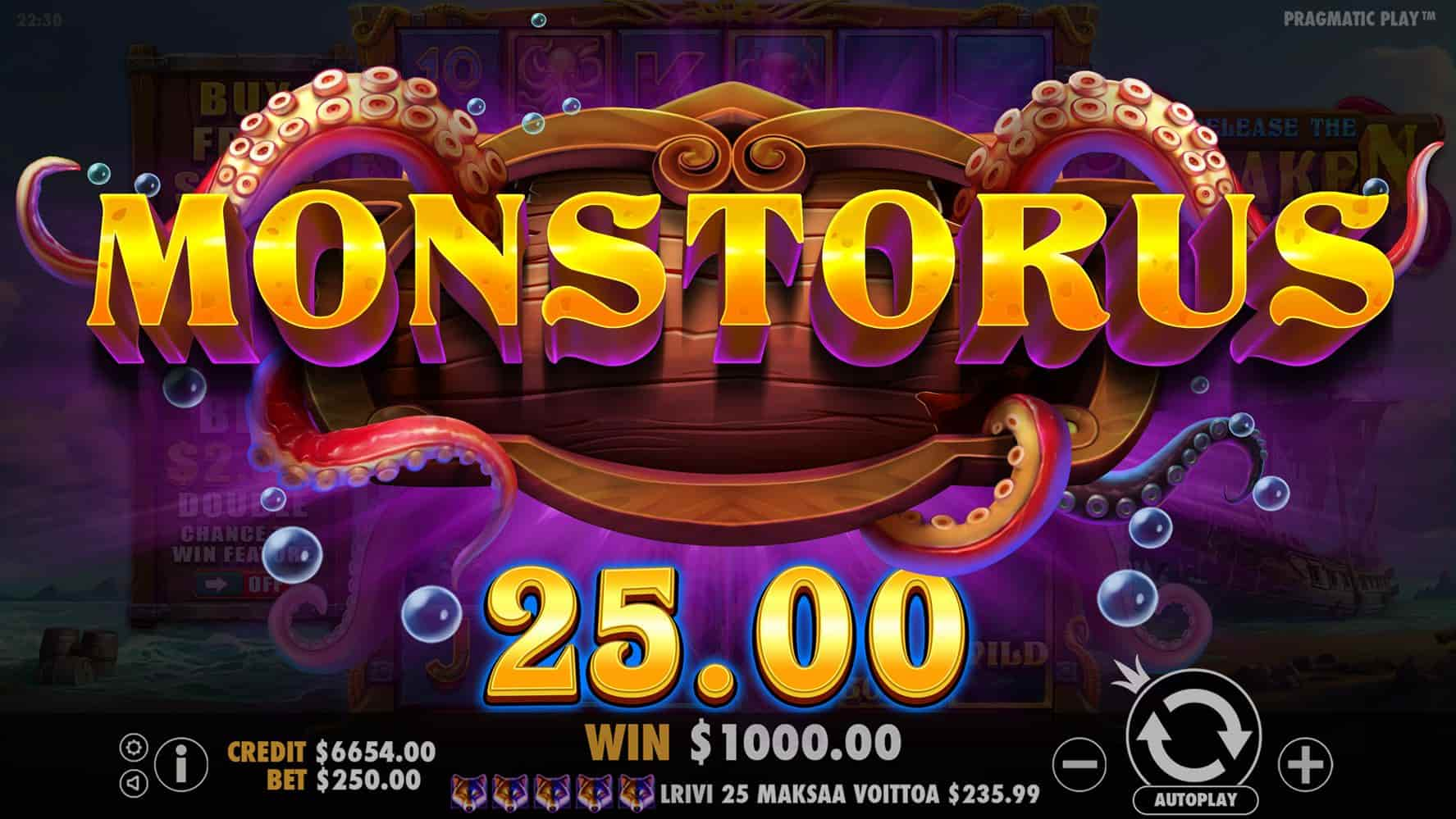 Monstorus Win Screen - Release the Kraken Megaways slot game