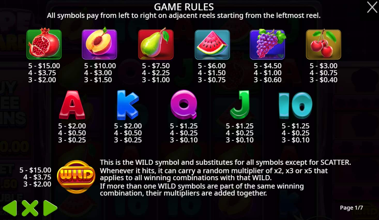 Symbols and paytable of the Ripe Rewards slot game